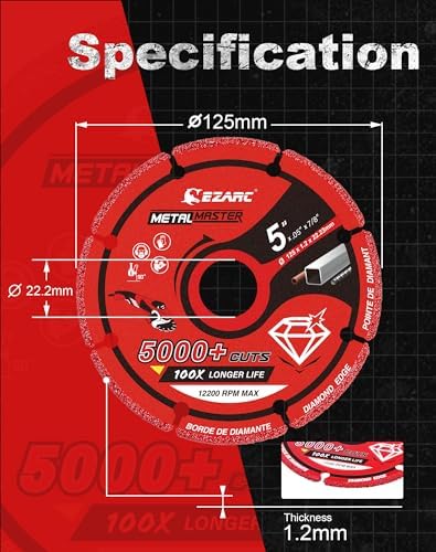 EZARC Diamond Cutting Wheel 5'' x 7/8 Inch for Metal, Cut Off Wheel with 5000+ Cuts on Rebar, Steel, Iron and INOX