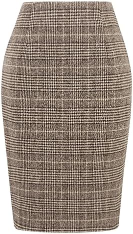 IDEALSANXUN Plaid Skirts for Women Fall Winter Knee Length Pencil Wool Skirt with Slit