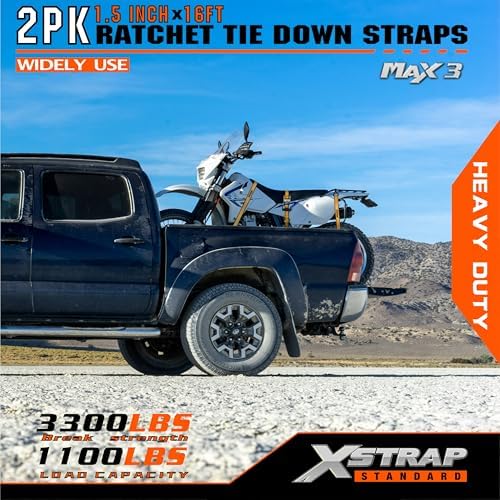 XSTRAP STANDARD 2 Pack 1.5" x 16Ft Ratchet Tie Down Straps w/Double J Hook | 3,300 lb Break Strength, Heavy Duty Tie Down Straps for ATV, UTV, Truck, Motorcycle & Cargo Hauling, , Kayak, Trailer, Yellow