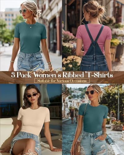 Ficerd 3 Pack Women's Ribbed Short Sleeve T-Shirts