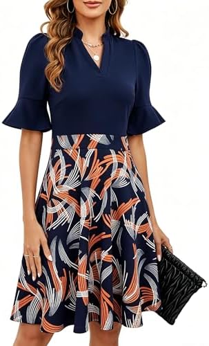 Mokayee Womens Summer V Neck Ruffle Short Sleeve Fit and Flare Knee Length Church Wedding Guest Dresses with Pockets