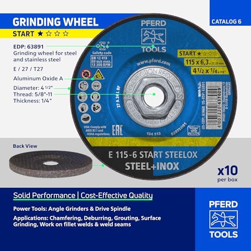 PFERD START STEELOX Type 27 Grinding Wheel, 4-1/2" x 1/4" x 5/8"-11, Aluminum Oxide – for Angle Grinders – Use on Steel & Stainless Steel (Pack of 10) - Part 63891