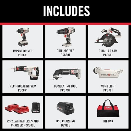 PORTER-CABLE 20V MAX* 6 Tools Combo Kit Cordless Drill Set, Impact Driver, Circular Saw, Reciprocating Saw, Oscillating Tool, Cutting Blade, Flashlight and USB Charger (PCCK617L6)