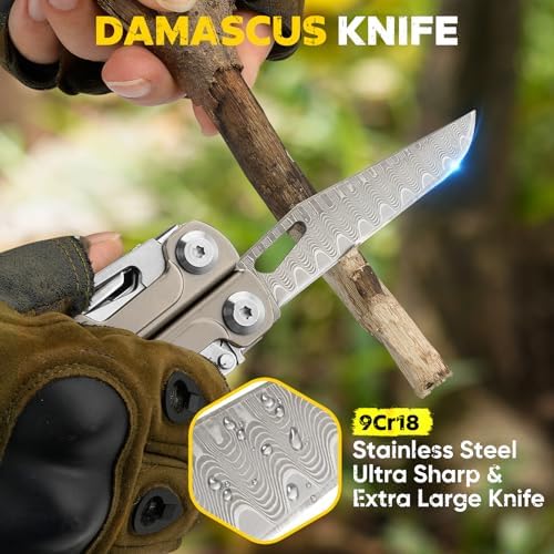 BIBURY Titanium Alloy Multitool Kit, BI2049TI with Damascus Knife, BI2048DT with Belt Clip, EDC Multi tools for men, Valentines Day Gifts for Him