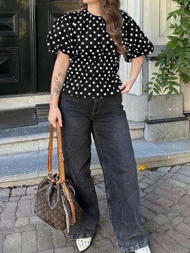 Cicy Bell Women Polka Dot Peplum Blouse Round Neck Puff Sleeve Summer Top