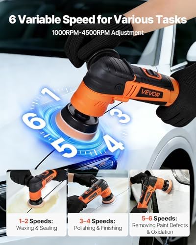 VEVOR Car Buffer Polisher, 1.2"/2"/3" Rotary Polisher Buffer, 600W 6 Variable Speeds 1000-4500RPM Car Polisher Waxer Kit for Cars Detailing, Waxing, Polishing, Scratch Removal