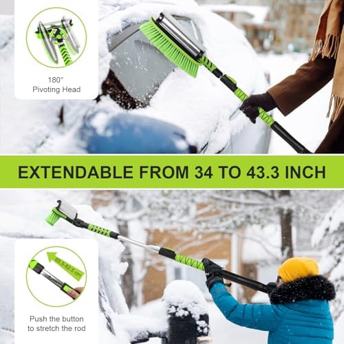 43" Ice Scraper for Car Windshield, Snow Brush with Squeegee, 3 in 1 Snow Removal for Cars with Foam Grip and 180° Pivoting Brush Head for Auto Truck SUV