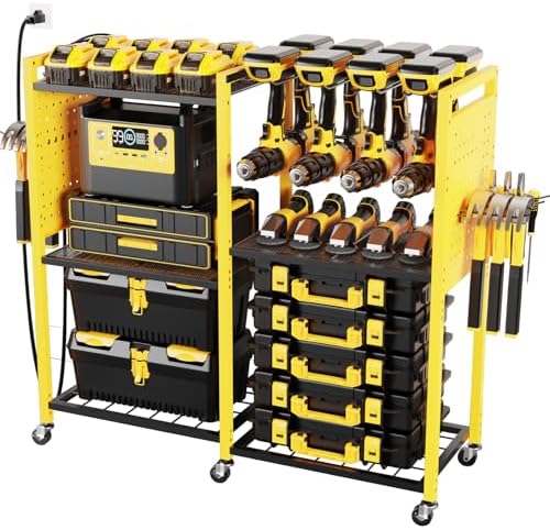 Heavy-Duty Power Tools Organizer Cart with Charging Power Strip, 6-Tier Rolling Utility Cart with 8 Hooks and 6 Load-Bearing Wheels, Garage Tool Storage Rack for Workshop for Men