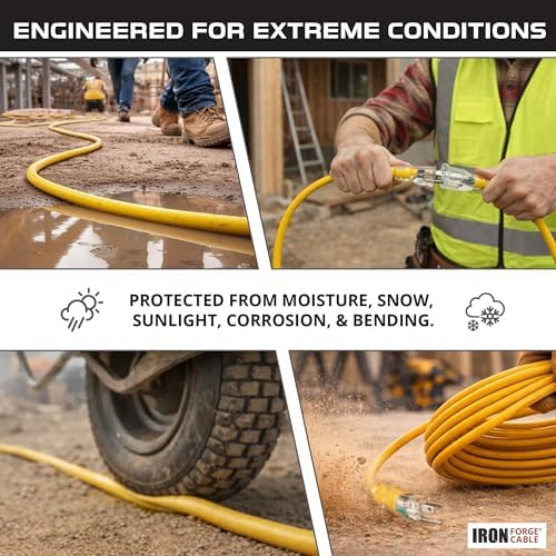 IRON FORGE CABLE 2 Pack of 100 Foot Lighted Outdoor Extension Cord - 12/3 SJTW Heavy Duty Yellow Extension Cable with 3 Prong Grounded Plug for Safety, 15 AMP - Great for Garden and Major Appliances