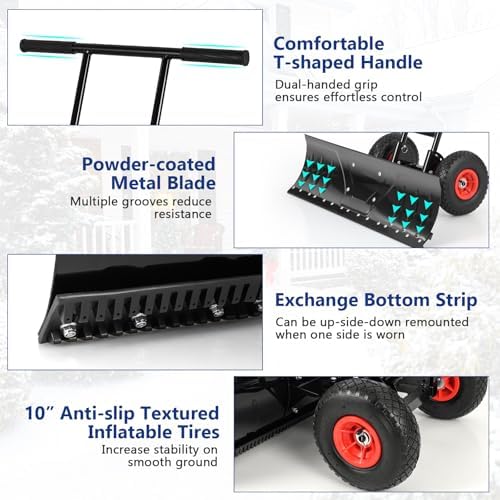 Moccha 36” Wide Snow Pusher - Heavy-Duty Efficient Snow Shovel with Wheels, 7-Position Angled Blade, Ergonomic Handle for Snow Removal, Back Saver Snow Plow Shovel for Driveway and Sidewalks