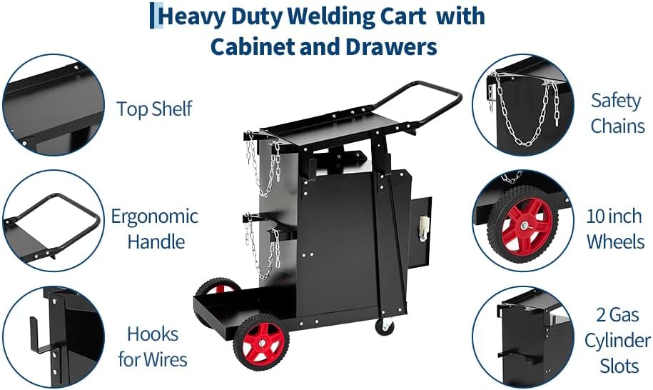 Heavy Duty Welding Cart with Drawers and Cabinet, Rolling Welder Cart on Wheels for MIG TIG Welder & Plasma Cutter, Carbon Steel Weld Cart 220LB Capacity with Handle & Gas Tank Holder
