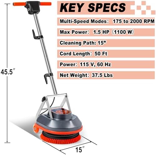 HHQ 15" Floor Buffer Machine, Commercial Floor Scrubber Machine with Brushes and Pads, Heavy Duty Floor Cleaner and Polisher- Deep Clean and Polish Your Floors with Ease