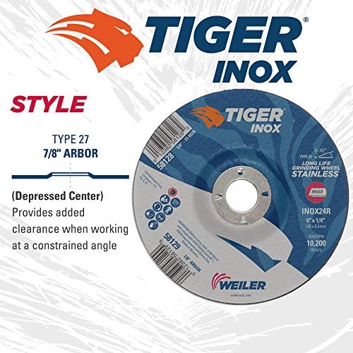 Weiler 58129 6" x 1/4" Tiger INOX Type 27 Grinding Wheel, INOX24R, 7/8" A.H. (Pack of 10)
