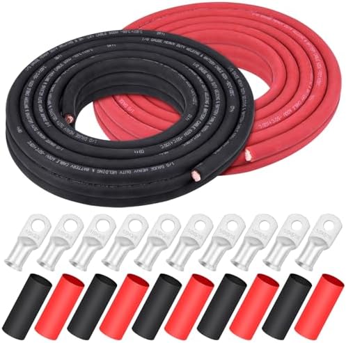 1/0 Gauge Battery Cable,iGreely 1/0 AWG 30 Ft Black+30 Ft Red Copper Welding Wire for Auto Generator Solar Marine,5pcs of 5/16"" & 5pcs 3/8"" Copper Lug Terminal Connector with Heat Shrink Tubing