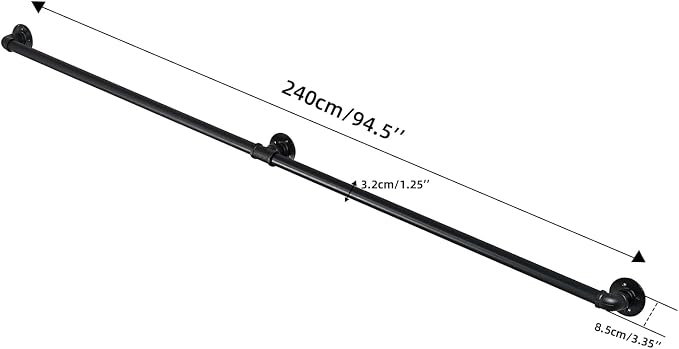 8FT Metal Staircase Hand Rail, Wall-Mounted Industrial Pipe Stair Handrail | Black Galvanized Iron Handrails for Garage, Porch, Toilet, Yard and Garden, Vintage Railing for Outdoor Indoor Stairs