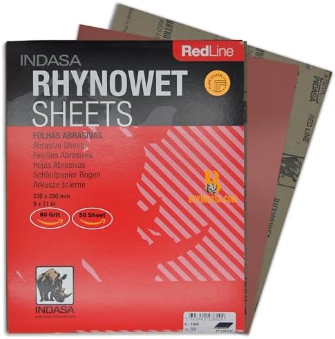 INDASA Rhynowet Red Line Wet Dry Sanding Sheets 9 x 11 Inch 80 Grit Waterproof Latex Backing Abrasive Paper for Wood Metal Automotive Surface Prep Pack of 50