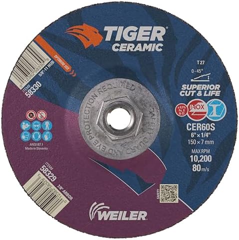 Weiler 58330 6 x 1/4 Tiger Ceramic Type 27 Grinding Wheel CER24R 5/8-11 Nut (Pack of 10)