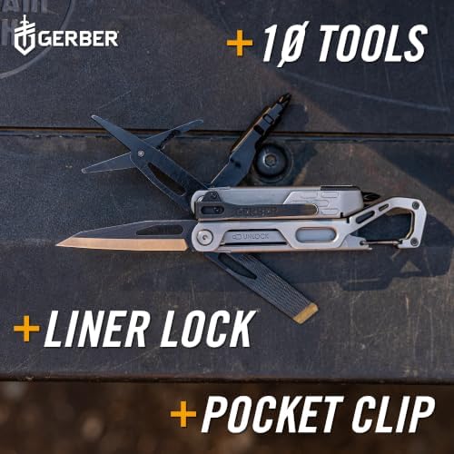 Gerber Gear Stakeout Drive - 10-in-1 Butterfly-Opening Multitool with Needlenose Pliers, Oversized Flip Bit Driver, Plain Edge Blade, Chisel, Bottle Opener, Pocket Clip & Carabiner Carry - Silver