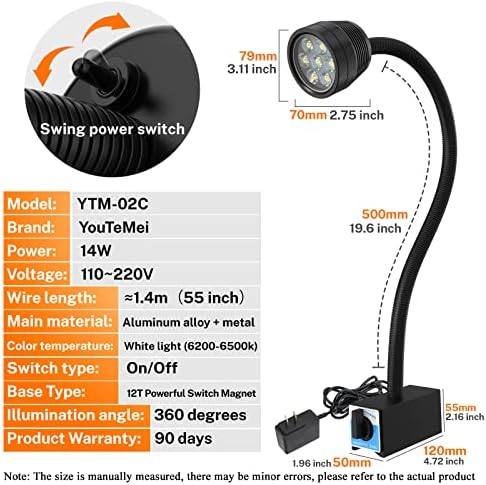 Magnetic Work Light, Led Magnetic Lamp, IP65 Water Proof Flexible Gooseneck Lamp 1400 Lumens for Lathe Milling, Drill Press, Industrial Lighting,with 12T Magnetic Base…