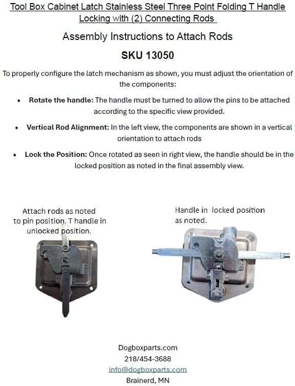 Tool Box Cabinet Latch Stainless Steel Three Point Folding T Handle Locking with (2) Connecting Rods 5/16 x 34L. Mounts to Flat Panel Surface. Installation Expertise is Required!
