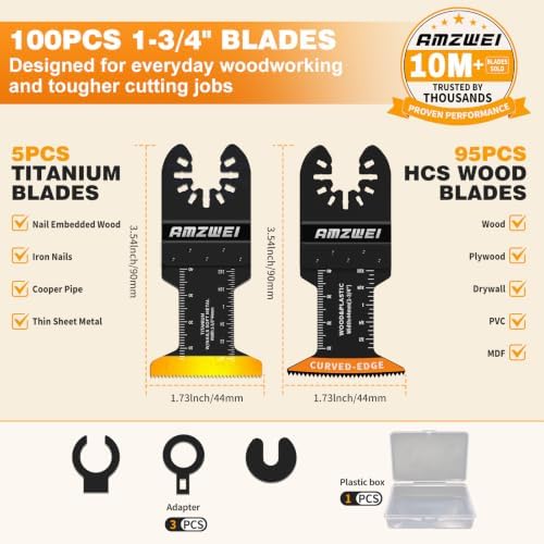 AMZWEI 100PCS Oscillating Tool Blades, Titanium & HCS Oscillating Saw Blades for Metal/Wood/Plastic Cutting, Curved Edge Multi Tool Blades Compatible with Dewalt, Milwaukee, Dremel, Ryobi, Rockwell