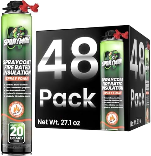 Sprayman Spraycoat Fire Rated Spray Foam Insulation 480 Sq.Ft - R-Value (11.32 / 2in) Closed Cell Polyurethane Foam Sealant for Heat & Noise Insulation - Gun & Cleaner NOT Included - 27.1 oz, 48 Pack