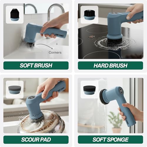 SonicPower Electric Spin Scrubber – Handheld & Ergonomic, IPX7 Waterproof, 4 Multi-Purpose Brush Heads, Long-Lasting Rechargeable Battery – Cleans Dishes, Bathroom, Tile, Grout & Kitchen (Steel Blue)