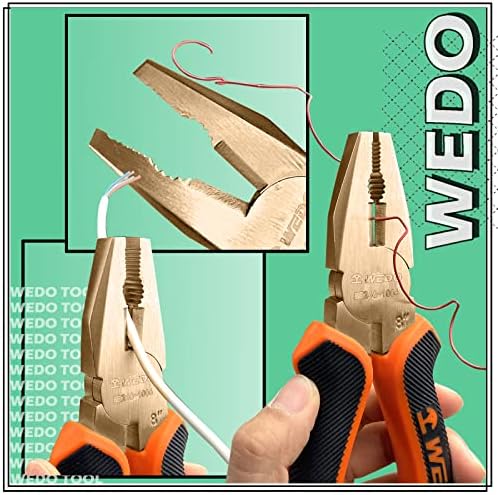 WEDO Non-Sparking Lineman's Pliers 8", Spark-free Safety Side Cutter Linemans Pliers, Combination Pliers, Wire Stripper, Crimper, Non-Magnetic, DIN Standard, BAM & FM Certificate, Beryllium Copper