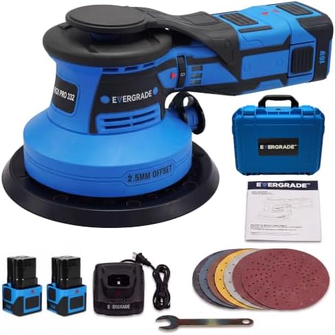 EVERGRADE Cordless Professional DA Random Orbital Sander, AWARD WINNING BRAND, Pneumatic-Performance, 16V Brushless Palm Sander, 3/32" (2.5mm) Offset for Wood, Auto Body, Paint Prep (EVK-332K)