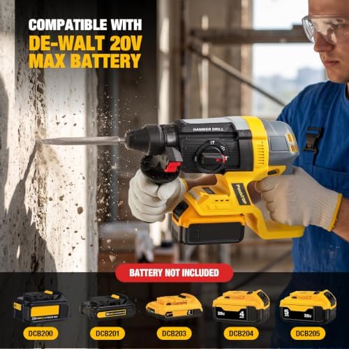 SDS Plus Cordless Rotary Hammer Drill for De-walt 20v Max Battery, Hammer Drill 20v Brushless for Concrete/Masonry/Wood/Metal, Rotomartillo, 4 Functions, 5 Drills with Gloves (Battery Not Included)