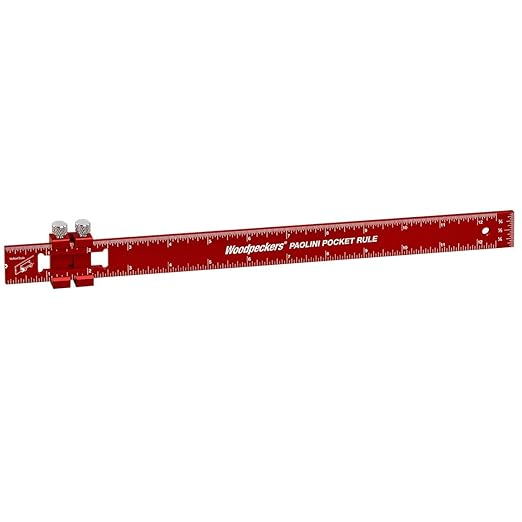 Woodpeckers Paolini Pocket Rule, Aluminum, 12 Inch, Woodworking Ruler with Sliding Stop, Vertical End Scale, Scribing Notch, Engraved Scales
