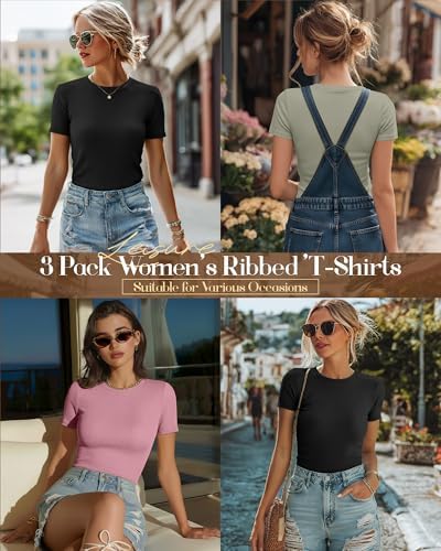 Ficerd 3 Pack Women's Ribbed Short Sleeve T-Shirts
