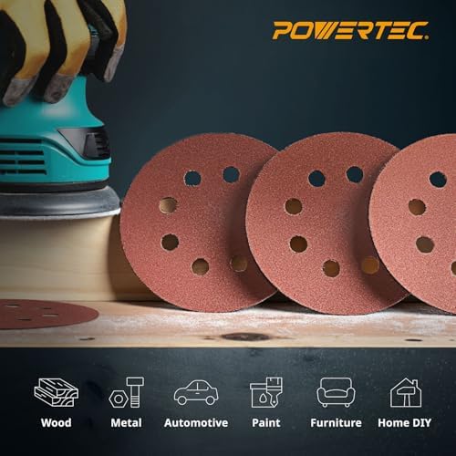 POWERTEC 25PK, 60 Grits, Sanding Discs 5 Inch - Hook and Loop, 5 Inch 8 Hole Aluminum Oxide Sandpaper Discs, Woodworking Sanding Pads for Random Orbital, Palm, Air, DA & Pneumatic Sander (45006)