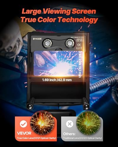 VEVOR Welding Helmet Auto Darkening, 3.66" x 1.69" True Color Welding Hood, Solar-Powered Welder Mask 2 Arc Sensors, Shade 4/9-13 for TIG MIG ARC Weld Grinding - CRIUS Series (Yellow Flame Pattern)