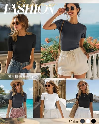 Ficerd 3 Pack Women's Ribbed Short Sleeve T-Shirts