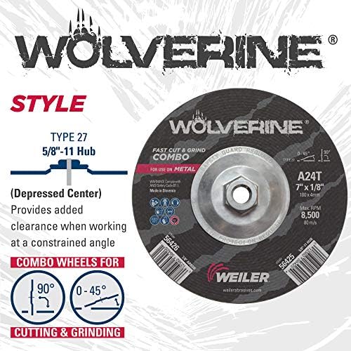 Weiler 56425 Wolverine Type 27 Cut and Grind Combo Wheel, A24T, 5/8" 11 UNC Nut, 7" x 1/8", Aluminum Oxide, 7" Diameter (Pack of 10)