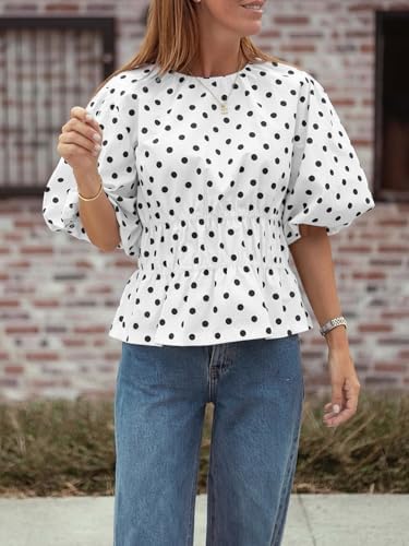 Cicy Bell Women Polka Dot Peplum Blouse Round Neck Puff Sleeve Summer Top