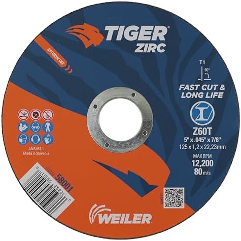 Weiler 58001 5 Inch Cutting Wheel, Tiger Zirc Steel/Metal Fast Cut & Long Life High Performance Cutting, .045" Z60T Type 1 7/8" Arbor, Pack of 25