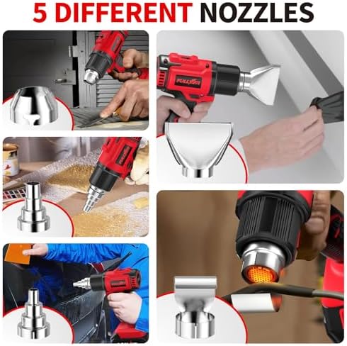 FULLYEA 21V Cordless Heat Gun, 572℉-1022°F, with 5 Nozzles & Portable Case