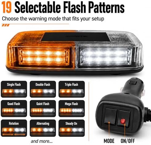 Xprite White Amber COB LED Rooftop Strobe Beacon Light, 12V Magnetic Base Caution Lightbar with 19 Flash Patterns for Construction Towing Snow Plow Pickup Work Trucks Cars