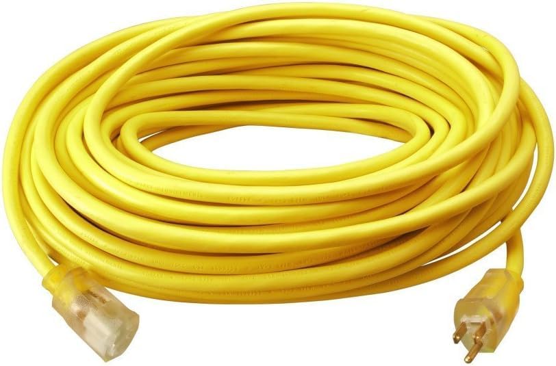 Southwire Outdoor Extension Cord – Durable Vinyl Jacket for For Farm, Ranch & Workshop - Lighted End With Reinforced Blades - SJTW, Yellow - 12 Gauge, 3 Prong - 50 Feet