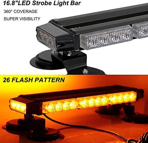 ASPL 16.8 Inch LED Strobe Flashing Light Bar, 26 Flashing Modes High Intensity Emergency Hazard Warning Beacon Lights with Magnetic Base for Car, Trucks, Snow Plow, Construction Vehicles (Amber)