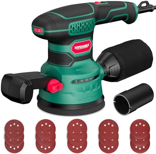 HYCHIKA Random Orbital Sander, 6 Variable Speed 3.8Amp 450W 5-Inch Electric Wood Sander with Double Handle, High Efficiency Dust Collector & 20Pcs Sandpapers for Heavy Duty Woodworking