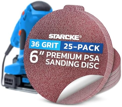 Starcke Sand Paper for Car, 25 Pack Premium 6 Inch Sanding Discs, 36 Grit Sanding Paper, Self Adhesive Orbital Sander Pads, PSA Aluminum Oxide Sandpaper Discs, Auto Sandpaper for Wood, Metal, Paint