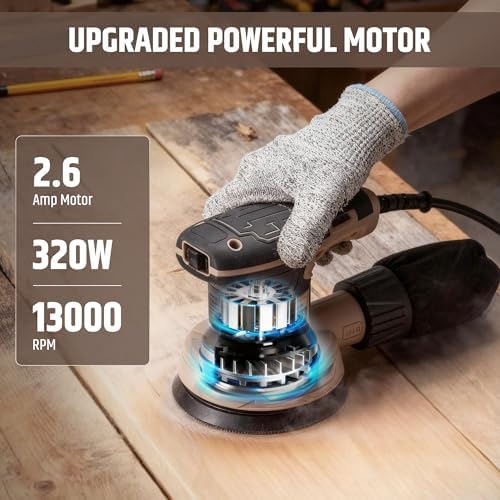 5-Inch Random Orbital Sander, 2.6Amp 320W Variable Speed (8000–13000RPM) Electric Sanders for Wood & Metal, Low Vibration, Aluminum Fan Blades, 15 Sandpapers, Dust Bag Included