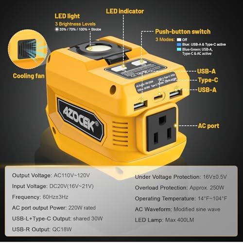 220W Azocek Power Inverter Compatible with Dewalt 20V Battery