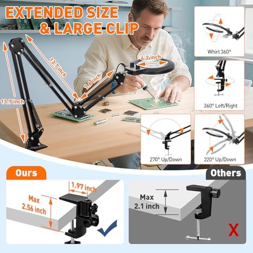 KIRKAS 12X Magnifying Glass with Light and Stand, Extra-Long Arm Knob