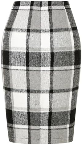 IDEALSANXUN Plaid Skirts for Women Fall Winter Knee Length Pencil Wool Skirt with Slit
