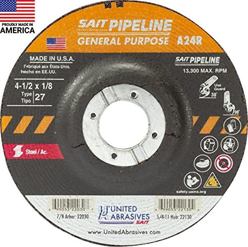 United Abrasives-SAIT 22030 A24R General Purpose Pipeline Wheel (Type 27 Depressed Center) 4 1/2" x 1/8" x 7/8", 25-Pack
