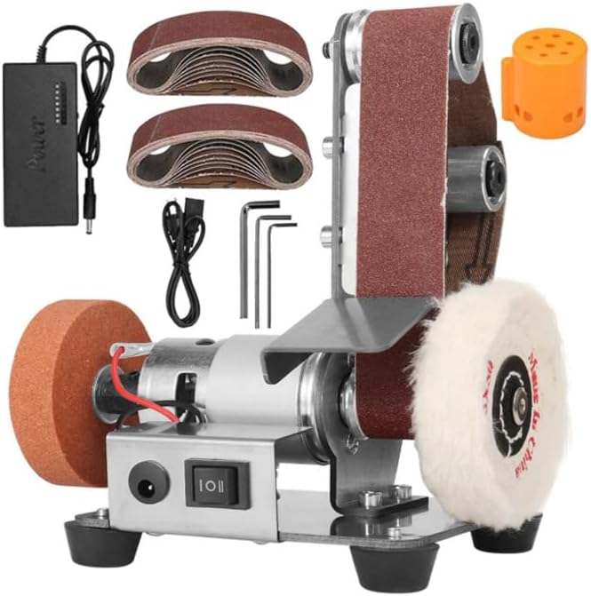 3-In-1 Mini Belt Sander, Adjustable Speed Electric Bench Grinder Sanding Machine, Table Top Grinder Polisher for DIY Craft Wood Stained Glass Jewelry Making Bench Grinder